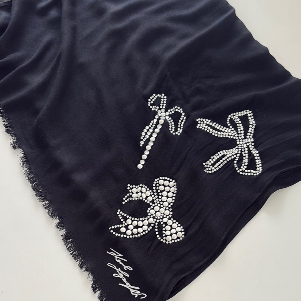 Karl Lagerfeld Paris Black Scarf with Pearl Bow Accents